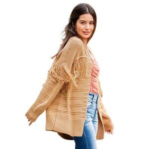 Willow + Root Cardigan Sweater Size Small Pieced Fringe Open Front Tan Neutral